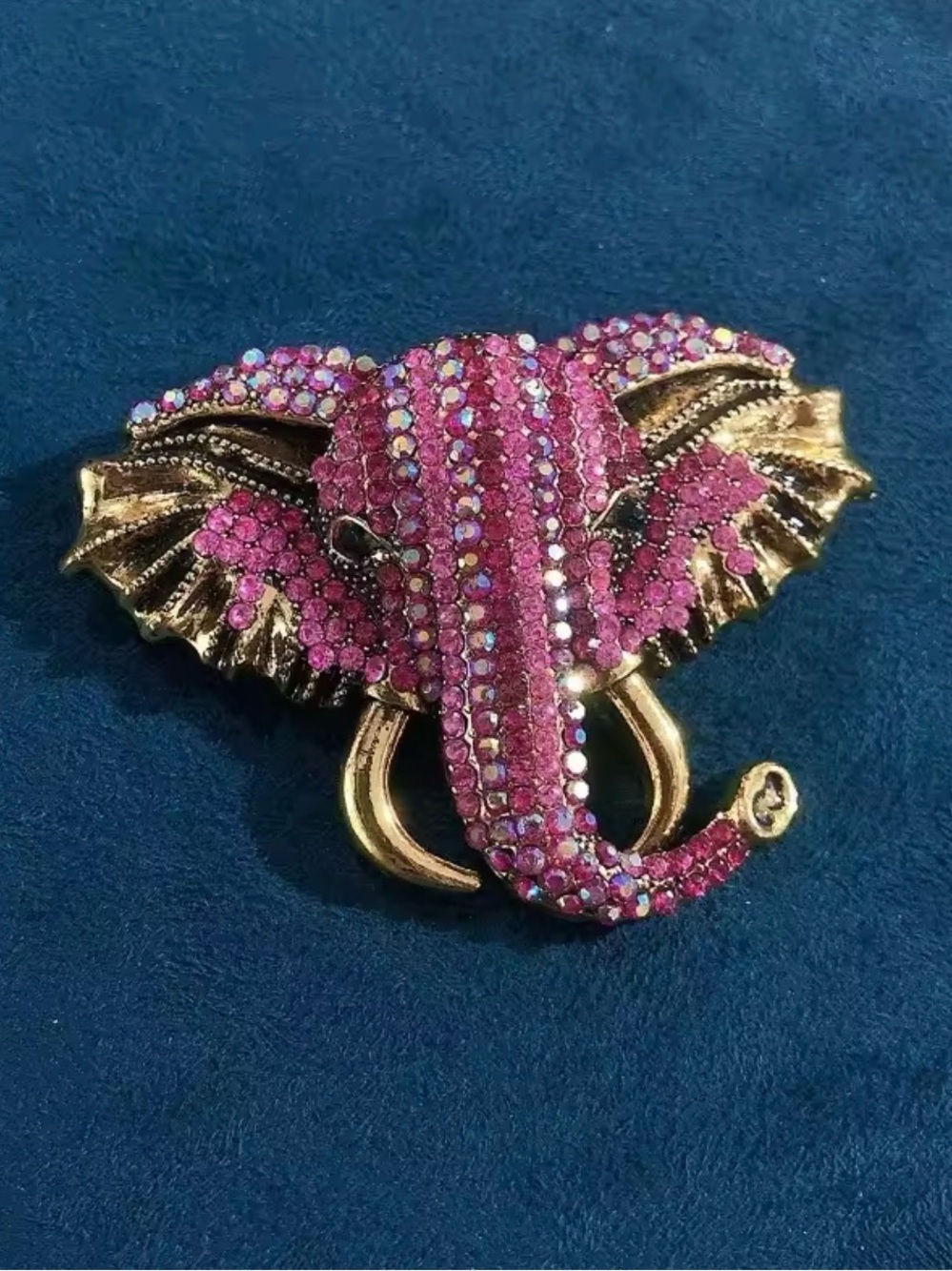 Pink Crystal Elephant Brooch with Gold-Tone Accents